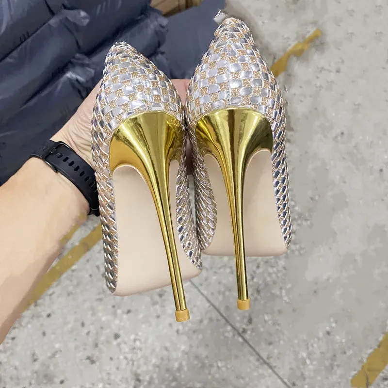 12 cm Superfine heel Women's narrow pointed Gold woven high heels