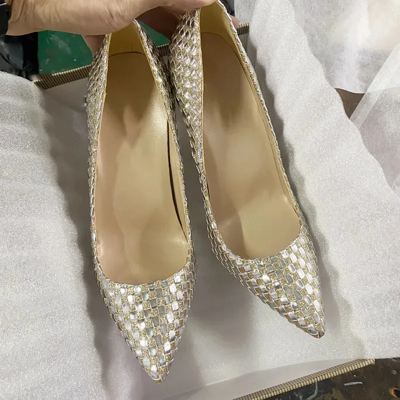 12 cm Superfine heel Women's narrow pointed Gold woven high heels