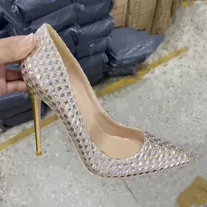 12 cm Superfine heel Women's narrow pointed Gold woven high heels