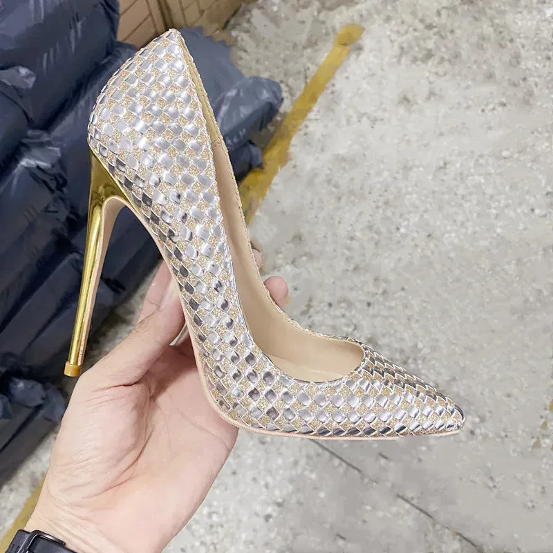 12 cm Superfine heel Women's narrow pointed Gold woven high heels