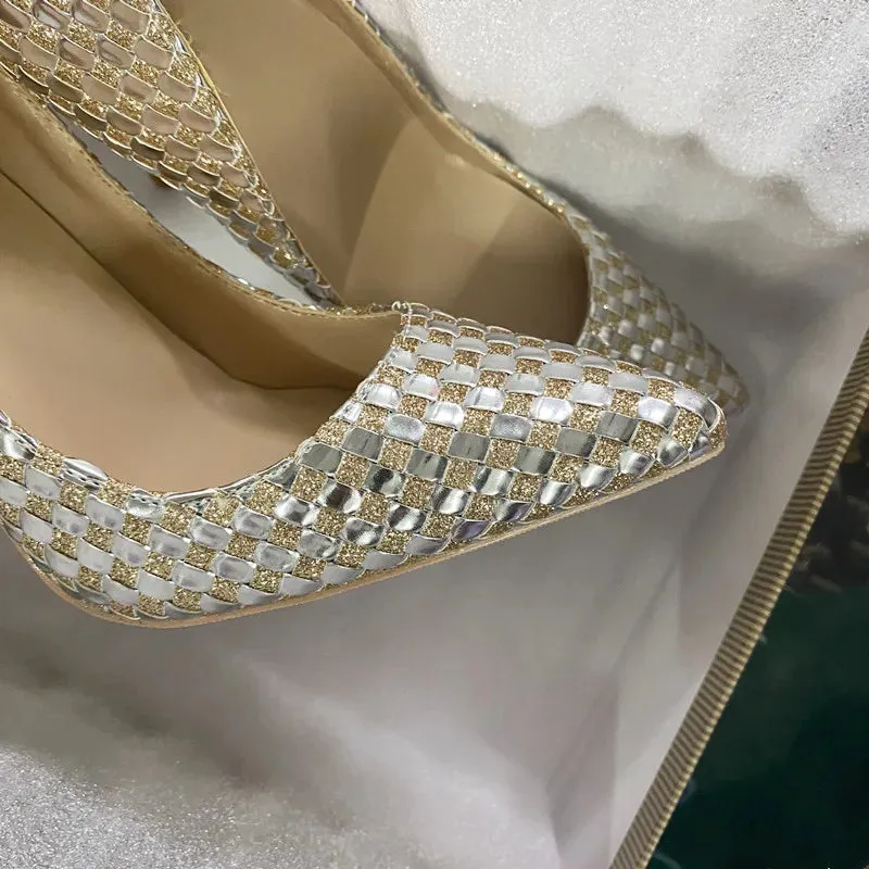 12 cm Superfine heel Women's narrow pointed Gold woven high heels