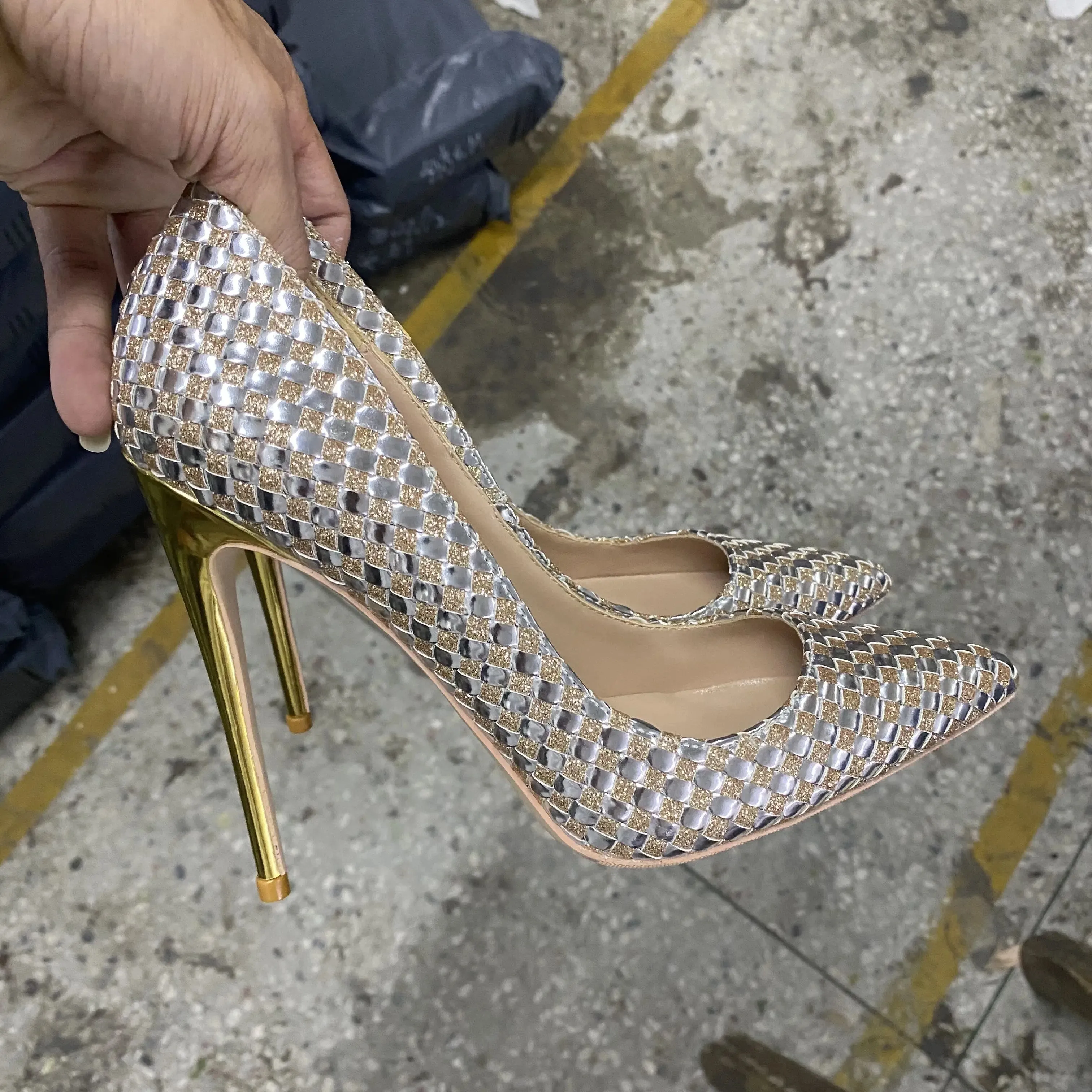 12 cm Superfine heel Women's narrow pointed Gold woven high heels