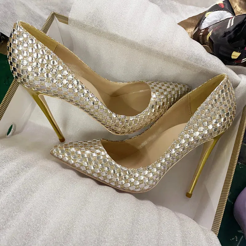 12 cm Superfine heel Women's narrow pointed Gold woven high heels