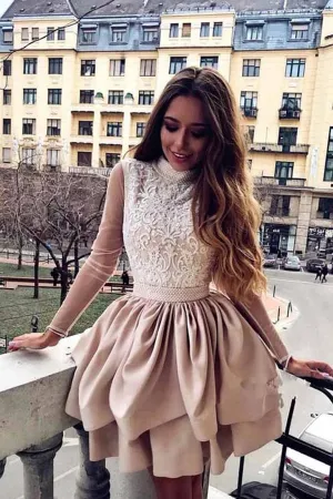A-Line High Neck Long Sleeve Open Back Satin Homecoming Dresses with Lace,MH491