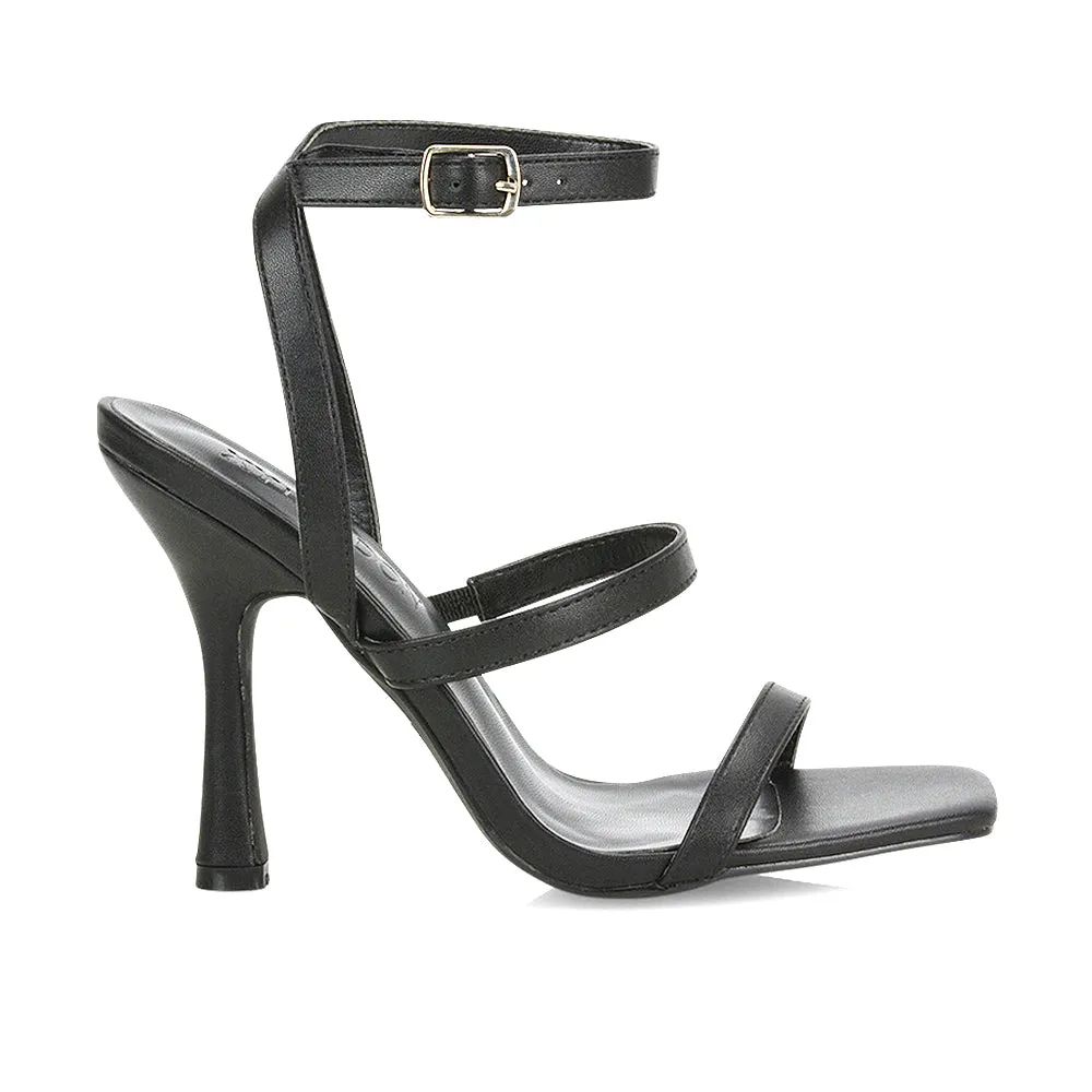 Aimee Square Toe Buckle Closure Stiletto Strappy High Heel Sandal In Black