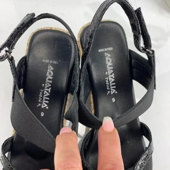 Aquatalia Womens Neve Sandal Size 9 Black Leather Snakeskin Wedge Heel Platform
