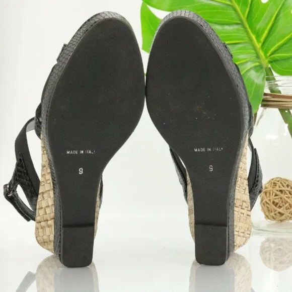 Aquatalia Womens Neve Sandal Size 9 Black Leather Snakeskin Wedge Heel Platform