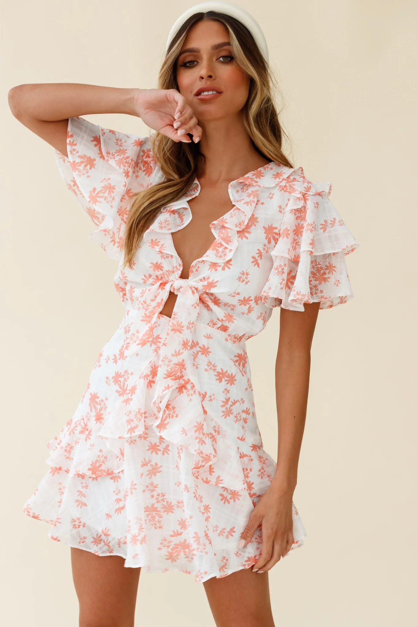 Aubrey Tied Bust Ruffle Trim Dress Floral Print Pink
