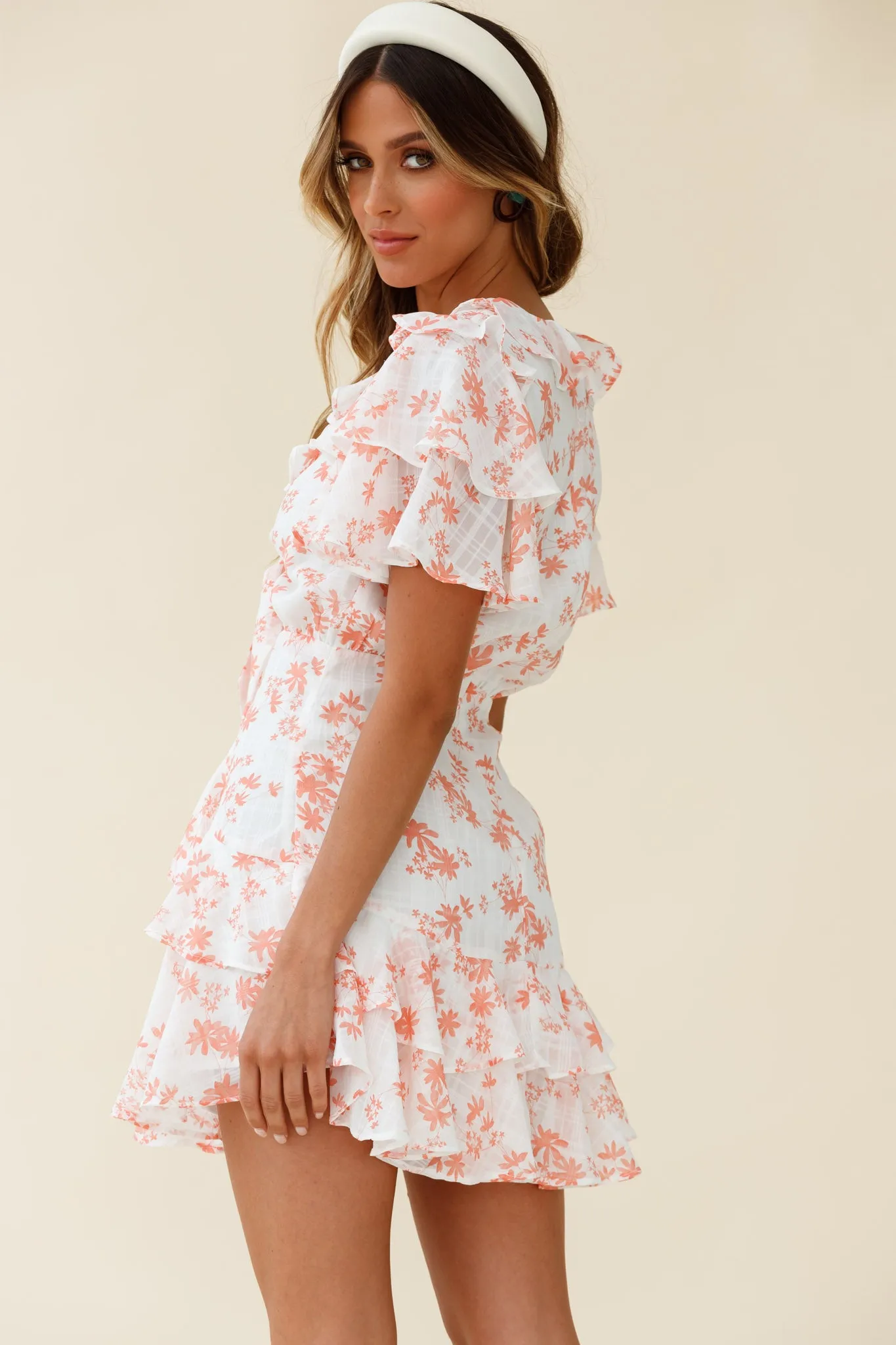 Aubrey Tied Bust Ruffle Trim Dress Floral Print Pink