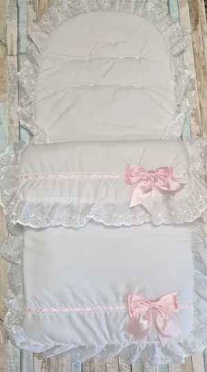 Baby Girls White Broderie Anglaise Lace Footmuff/ Cosytoes With Pink Satin Side Bow