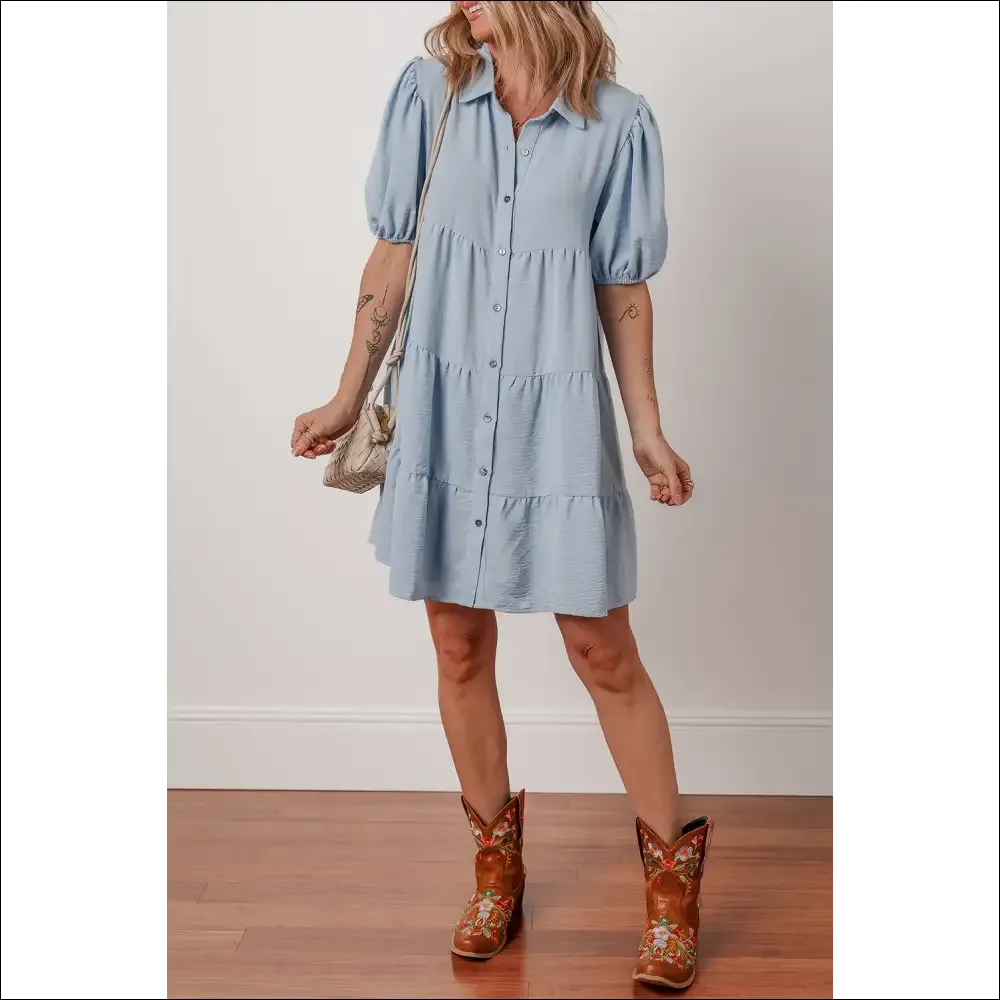 Beau Blue Puff Sleeve Button-Up Shift Dress