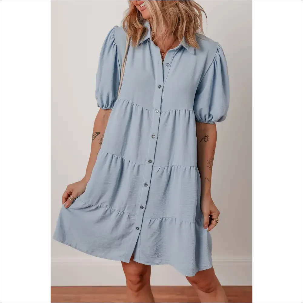 Beau Blue Puff Sleeve Button-Up Shift Dress
