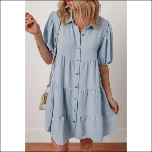 Beau Blue Puff Sleeve Button-Up Shift Dress