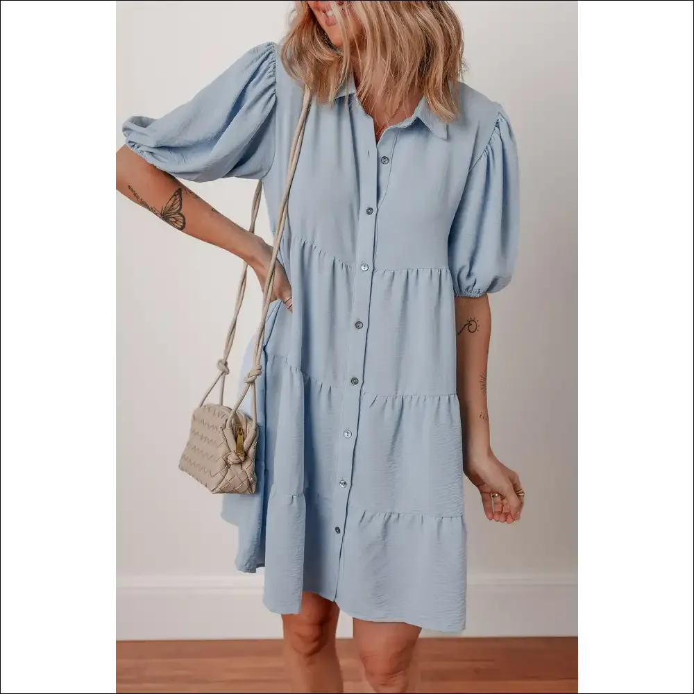 Beau Blue Puff Sleeve Button-Up Shift Dress