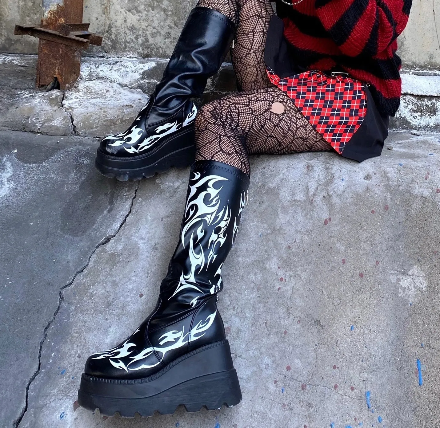 Black Faux Leather Punk Flame Platform Knee Boots