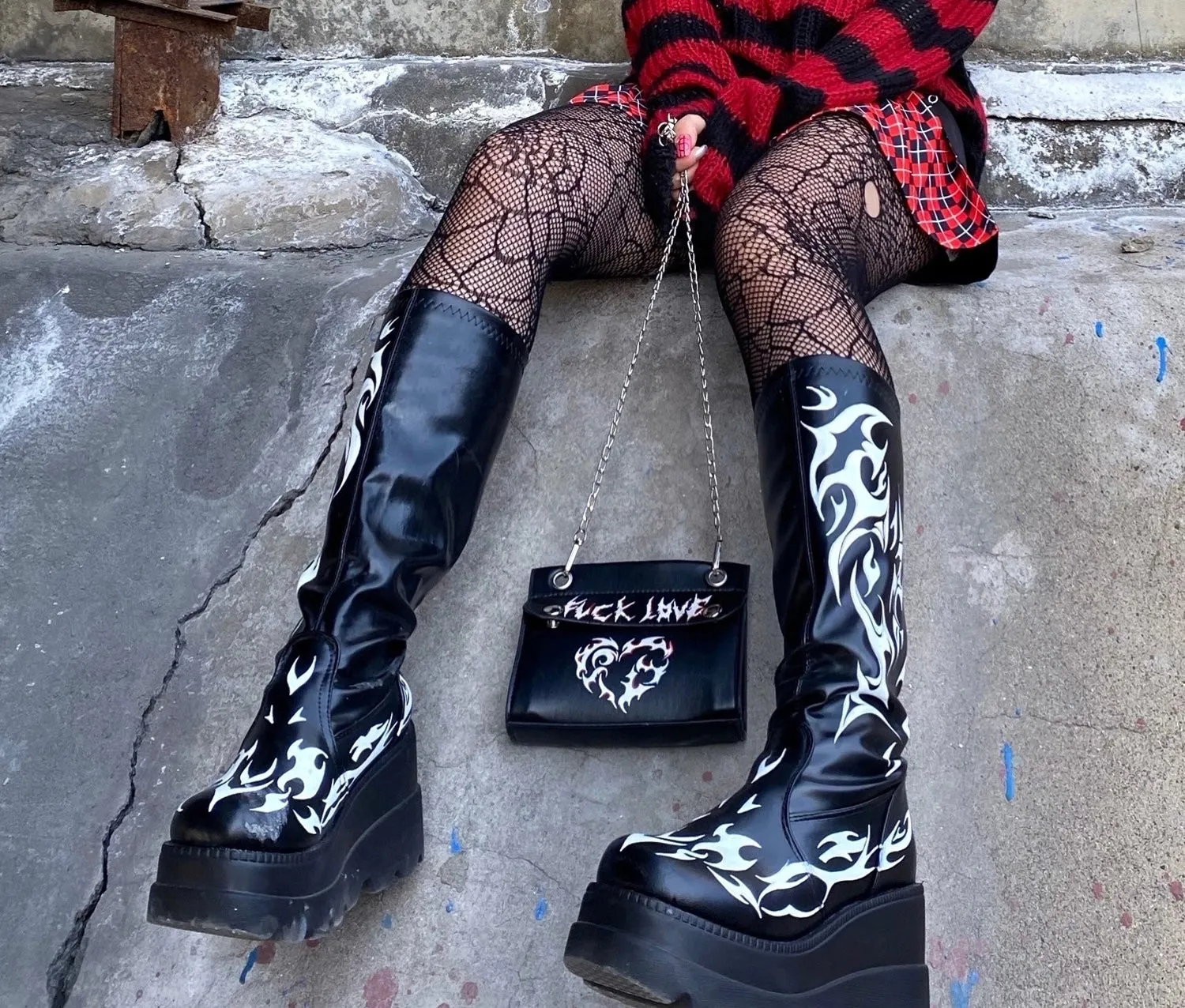 Black Faux Leather Punk Flame Platform Knee Boots