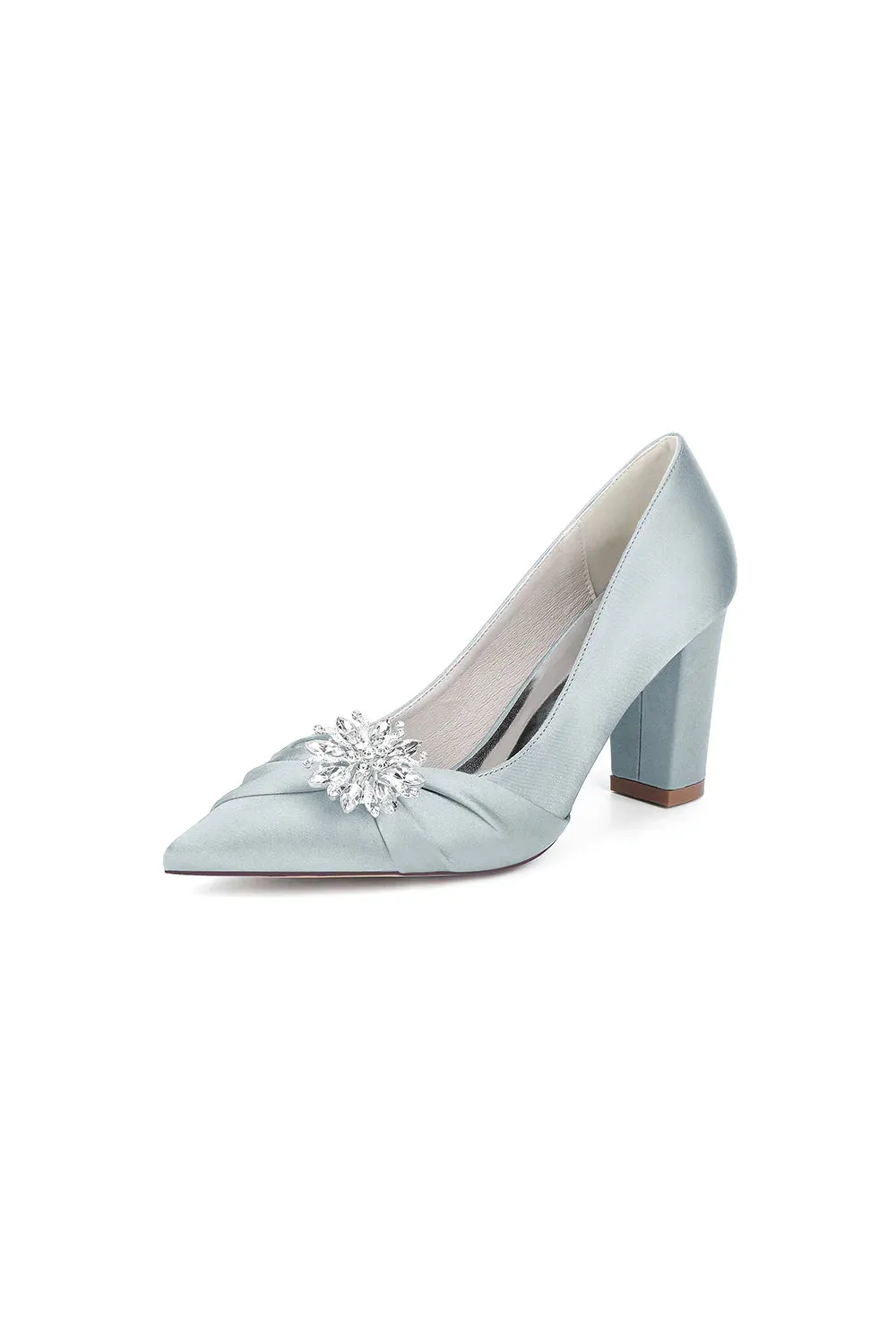 Black Satin High Heels with a Crystal Flower Accent