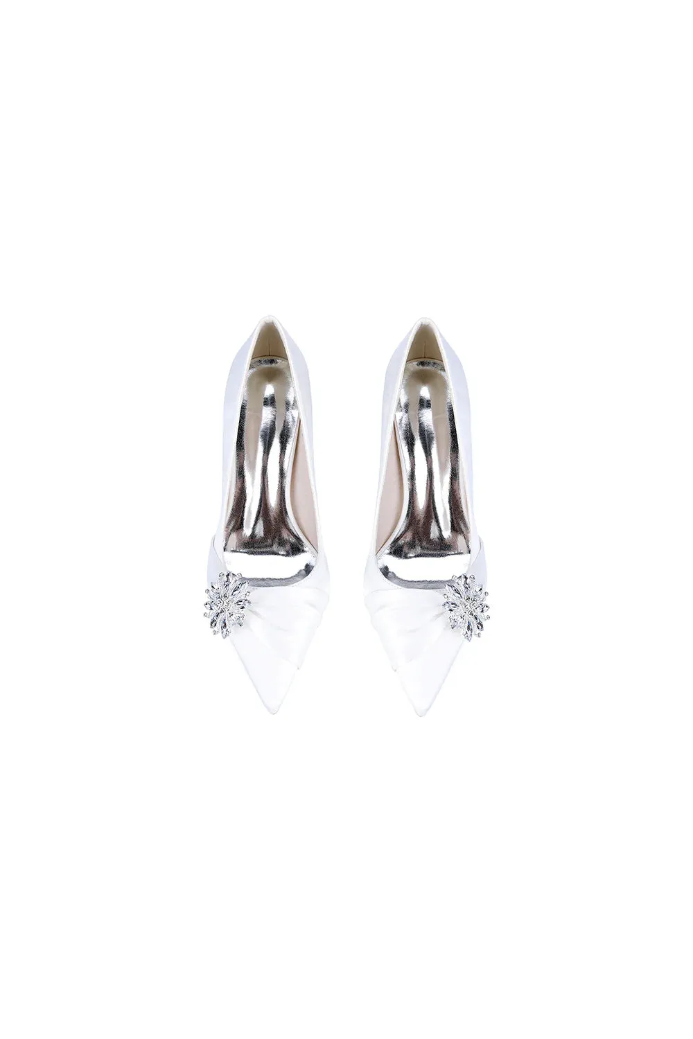 Black Satin High Heels with a Crystal Flower Accent