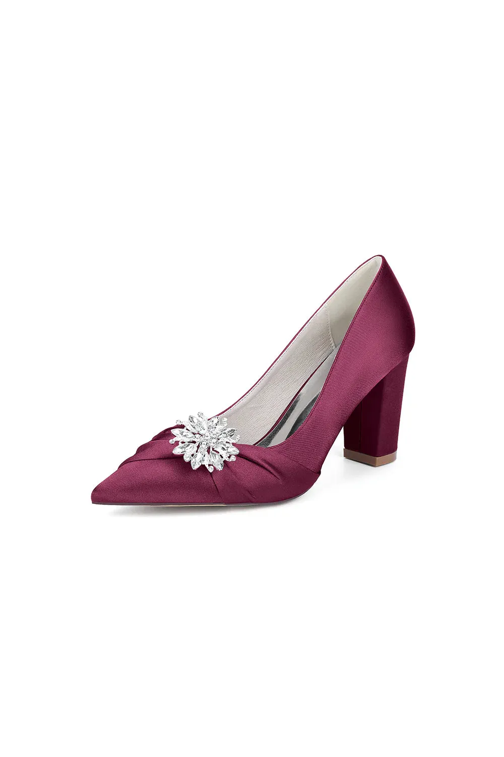 Black Satin High Heels with a Crystal Flower Accent