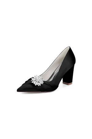 Black Satin High Heels with a Crystal Flower Accent