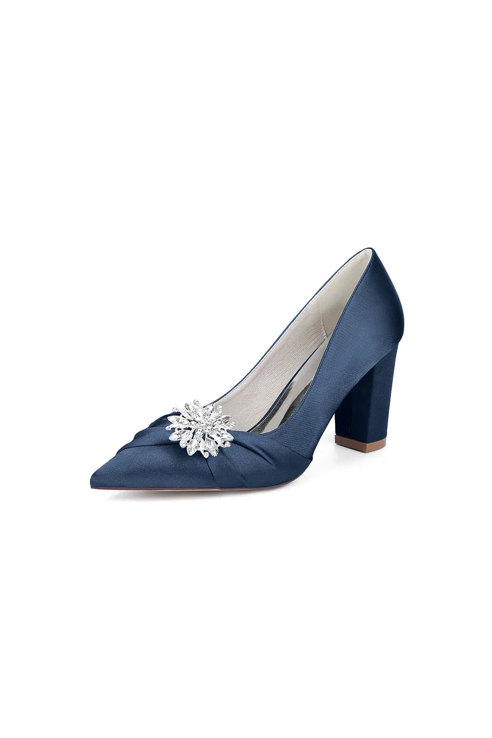 Black Satin High Heels with a Crystal Flower Accent