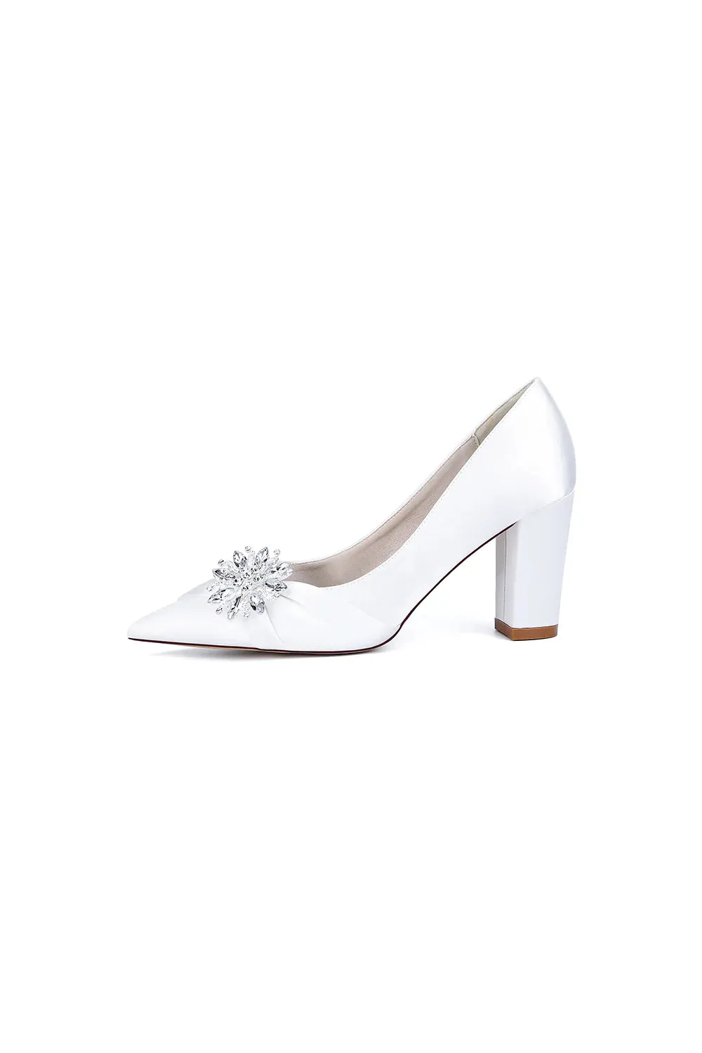 Black Satin High Heels with a Crystal Flower Accent