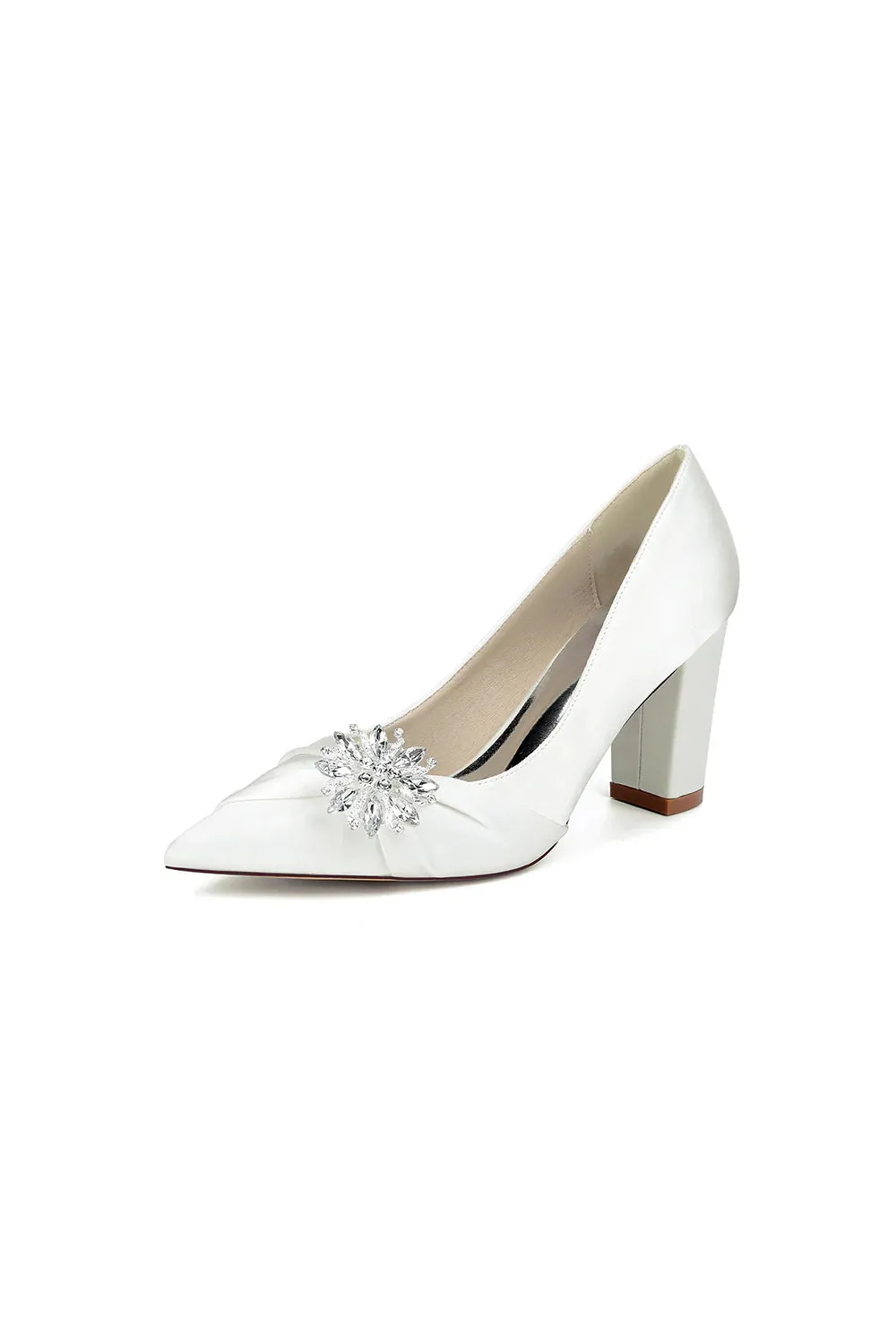 Black Satin High Heels with a Crystal Flower Accent