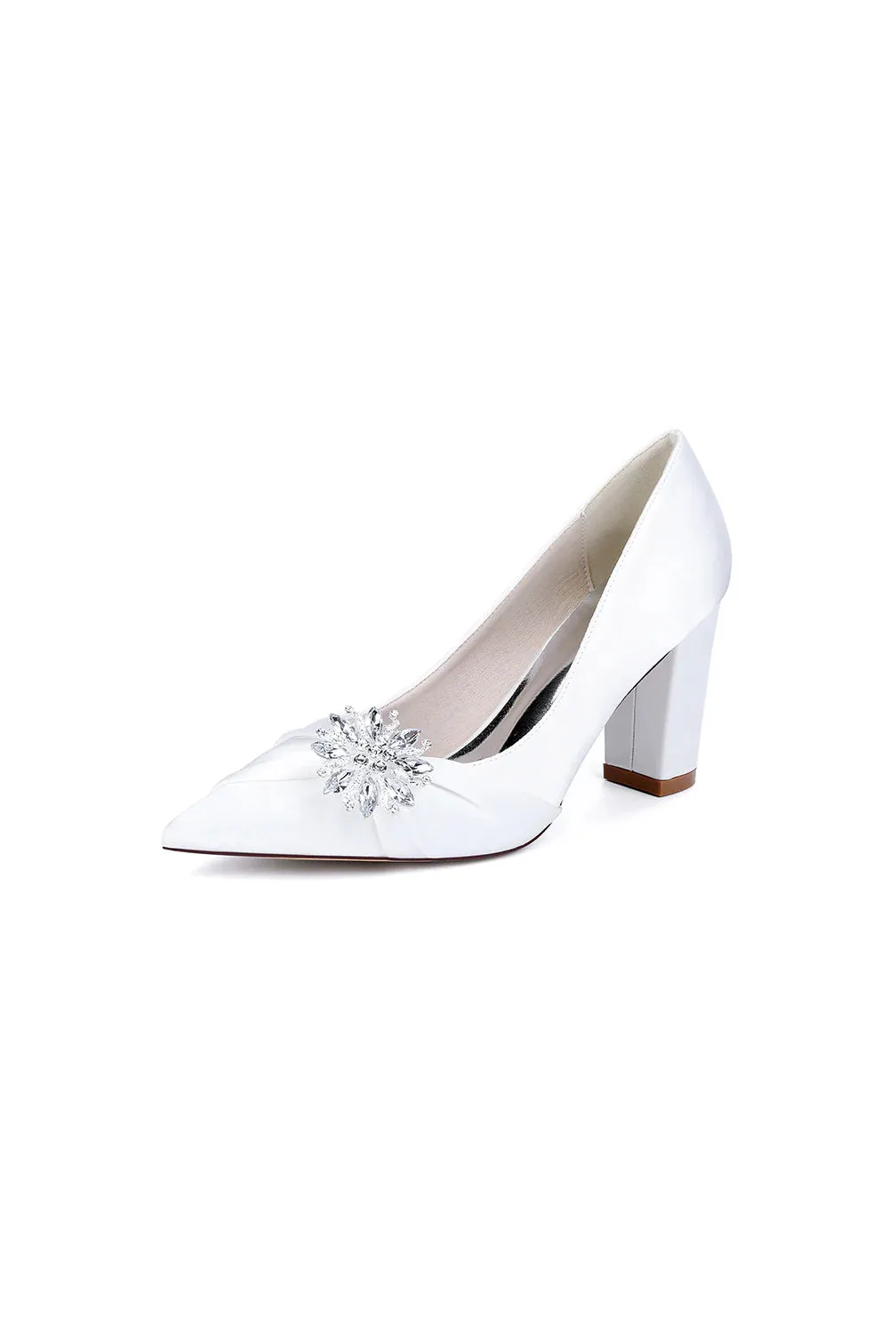 Black Satin High Heels with a Crystal Flower Accent