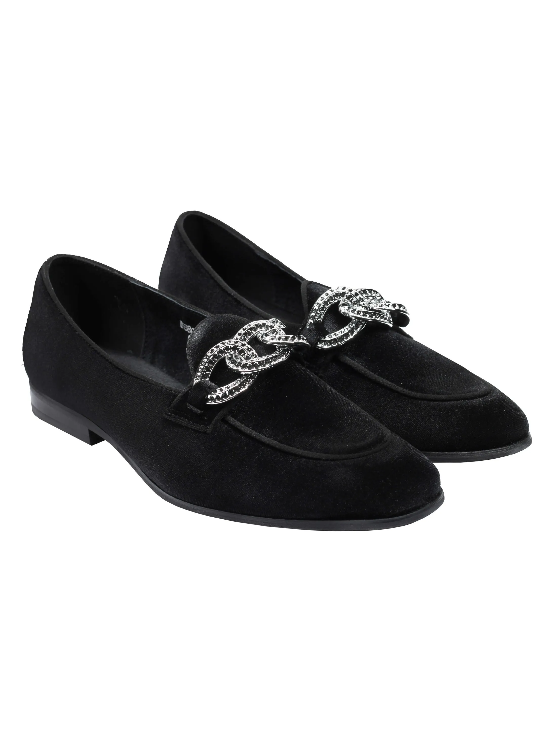 BLACK VELVET LOAFERS WITH DIAMOND CHAIN BUCKLE