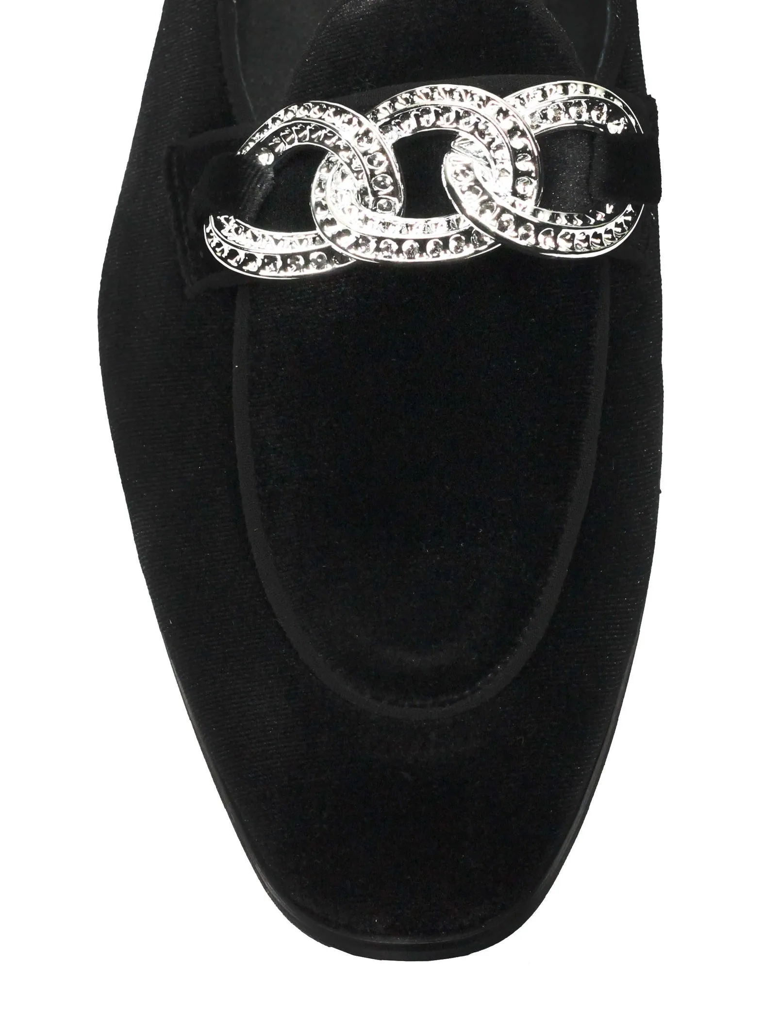 BLACK VELVET LOAFERS WITH DIAMOND CHAIN BUCKLE