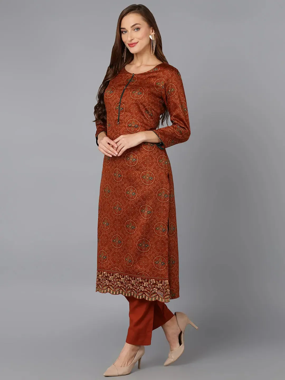 Burnt-Orange Cotton Straight Kurta Pant With Dupatta-VKSKD1797