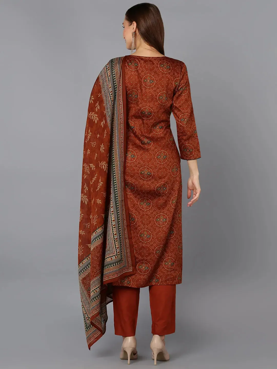 Burnt-Orange Cotton Straight Kurta Pant With Dupatta-VKSKD1797
