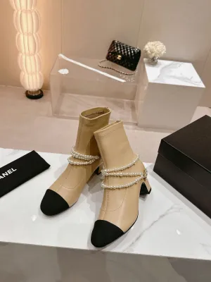 CH  24 autumn and winter new round head thick heel pearl ankle boots