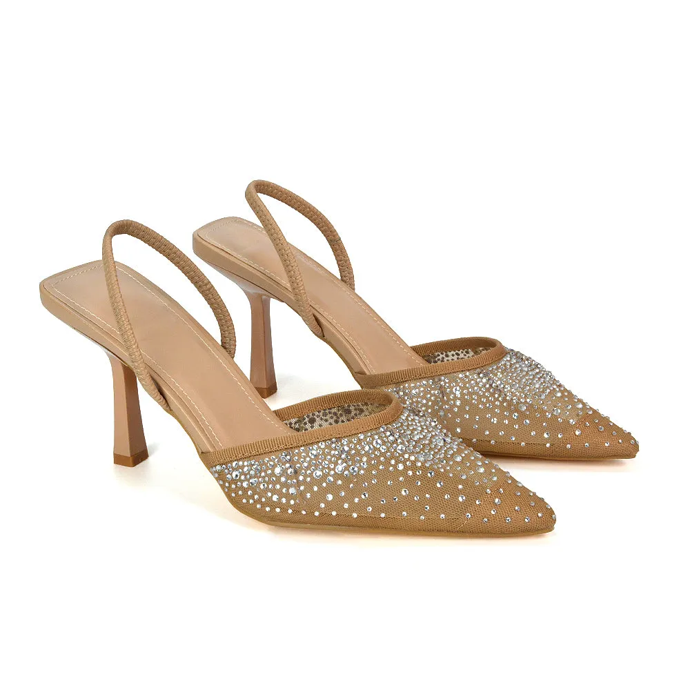 Charlotte Diamante Rhinestone Mesh Pointed Toe Slingback Stiletto Sparkly High Heels in Black