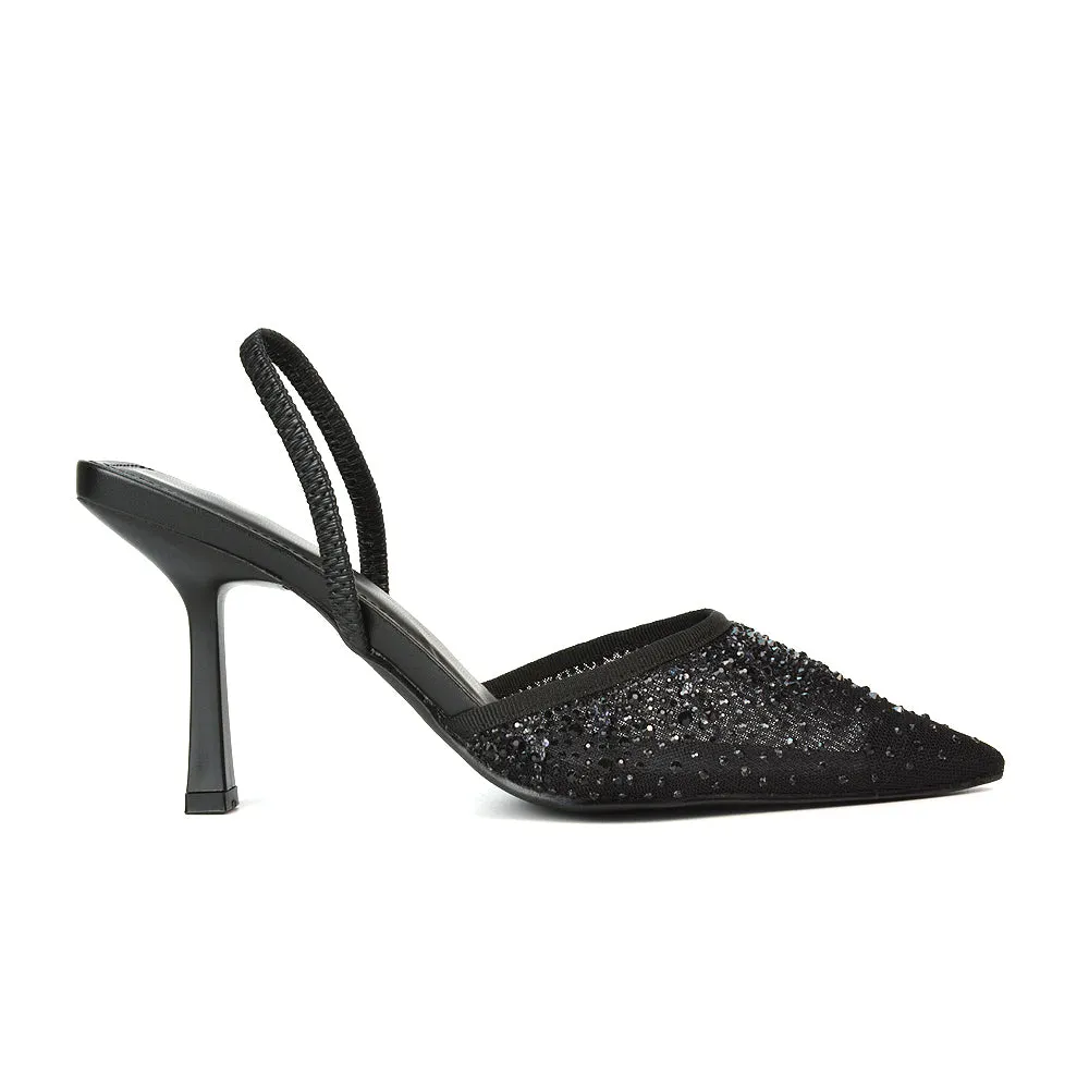 Charlotte Diamante Rhinestone Mesh Pointed Toe Slingback Stiletto Sparkly High Heels in Black