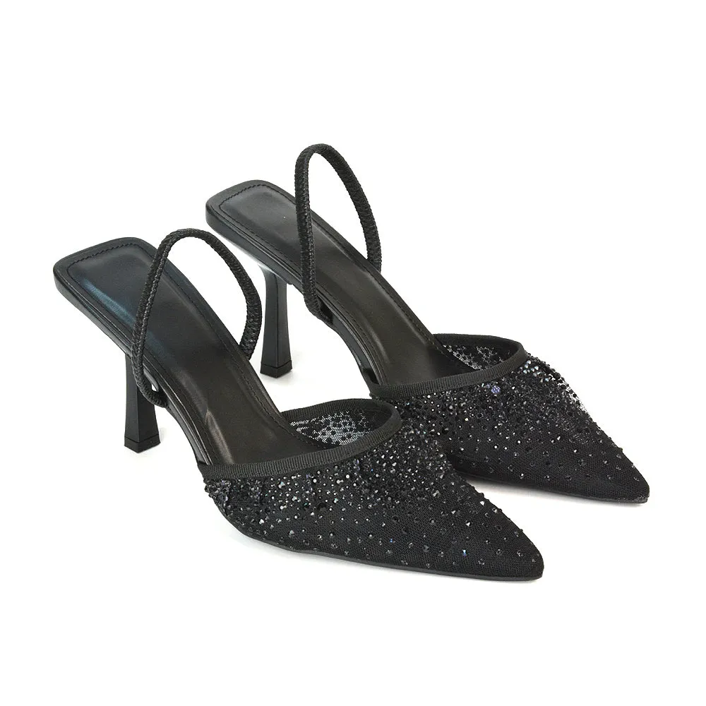 Charlotte Diamante Rhinestone Mesh Pointed Toe Slingback Stiletto Sparkly High Heels in Black