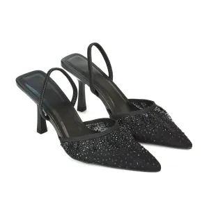Charlotte Diamante Rhinestone Mesh Pointed Toe Slingback Stiletto Sparkly High Heels in Black
