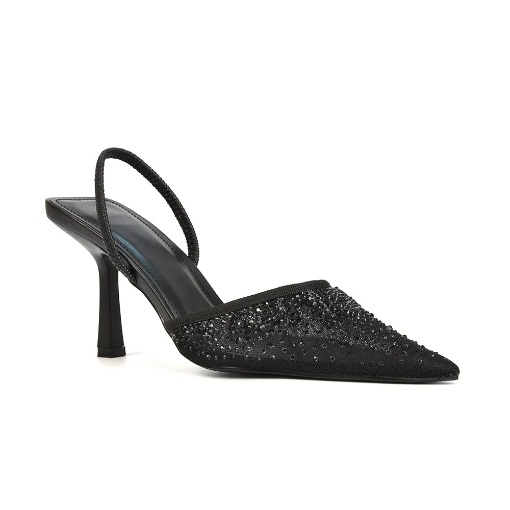 Charlotte Diamante Rhinestone Mesh Pointed Toe Slingback Stiletto Sparkly High Heels in Black