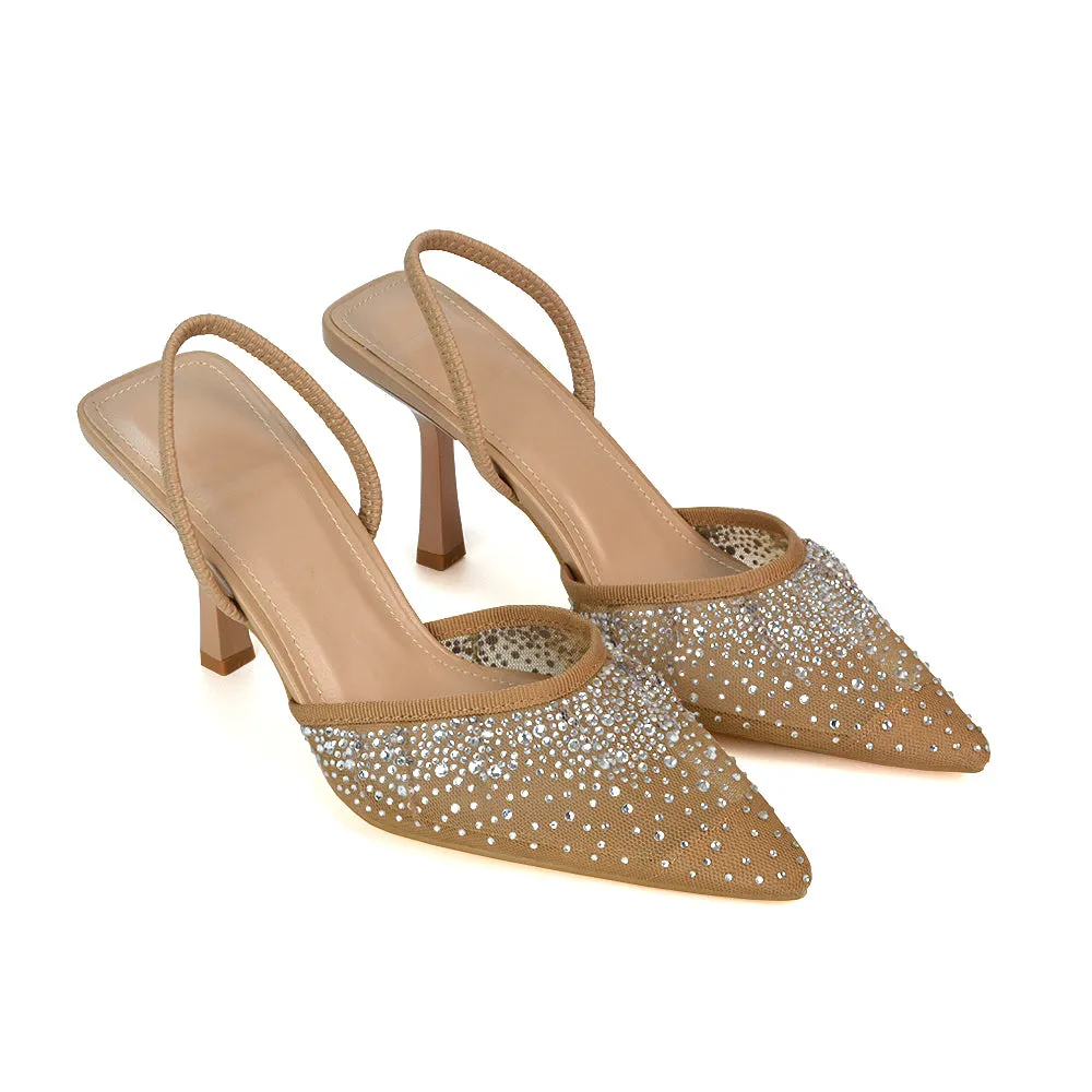 Charlotte Diamante Rhinestone Mesh Pointed Toe Slingback Stiletto Sparkly High Heels in Black