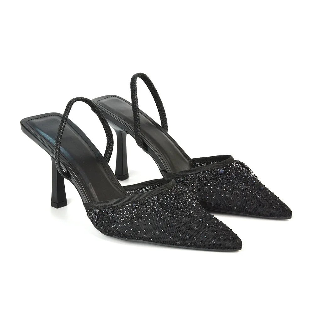 Charlotte Diamante Rhinestone Mesh Pointed Toe Slingback Stiletto Sparkly High Heels in Black