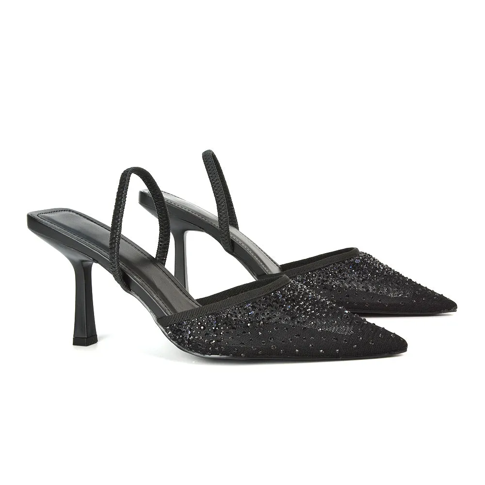 Charlotte Diamante Rhinestone Mesh Pointed Toe Slingback Stiletto Sparkly High Heels in Black