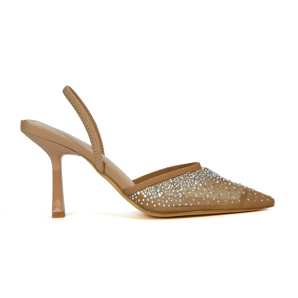Charlotte Diamante Rhinestone Mesh Pointed Toe Slingback Stiletto Sparkly High Heels in Black