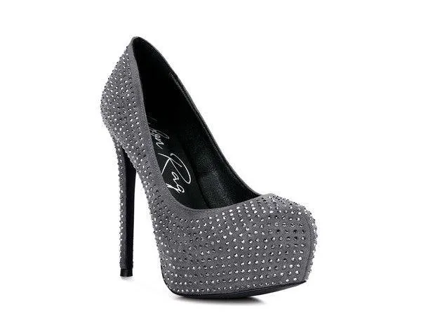CLARISSE Diamante Faux Suede high Heeled Pumps