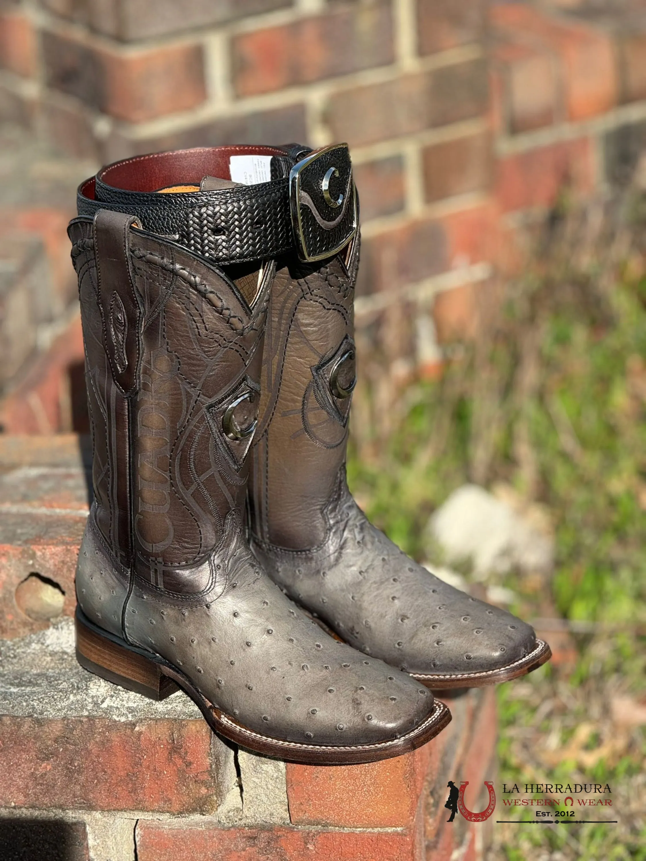 CUADRA BOOTS OSTRICH GREY LASER & EMBROIDERY SQUARE TOE