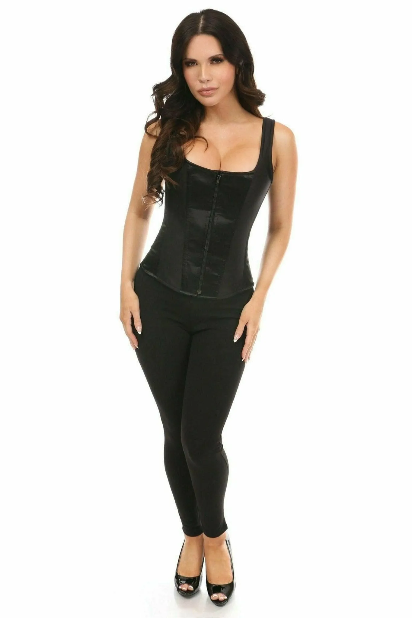 Deluxe Black Satin Steel Boned Corset with Straps