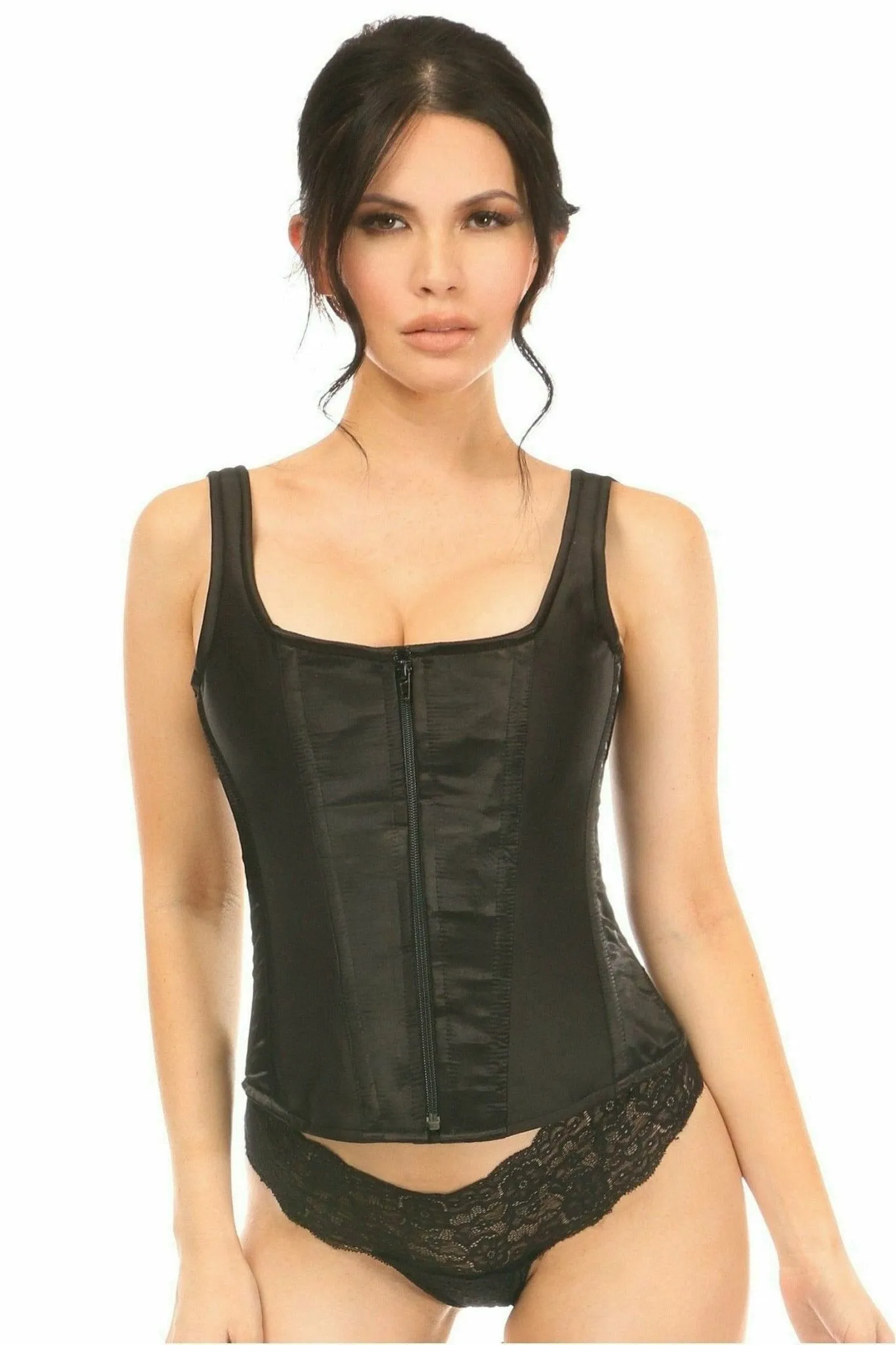 Deluxe Black Satin Steel Boned Corset with Straps