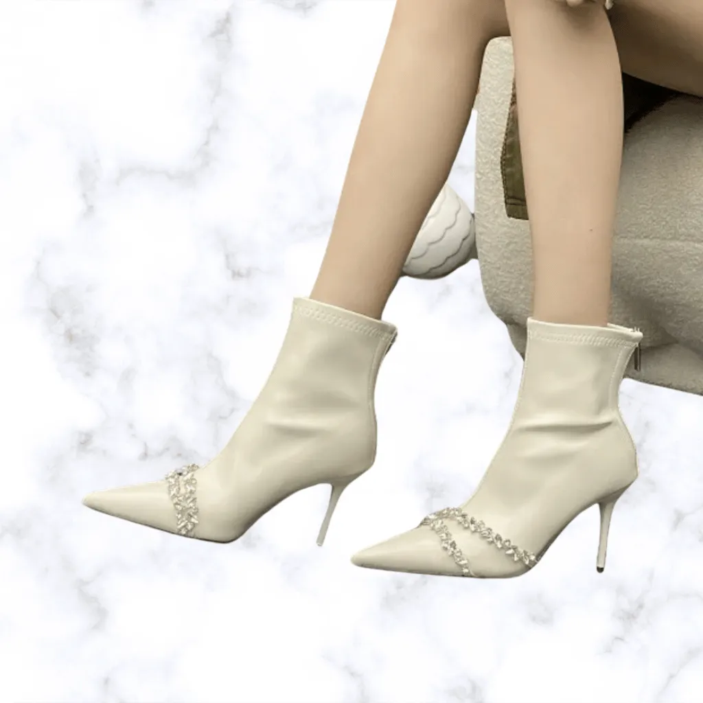 Designer Punk-Style Women's Ankle Boots with Crystal Embellishments, Pointed Toe, Thin High Heels, and Zipper