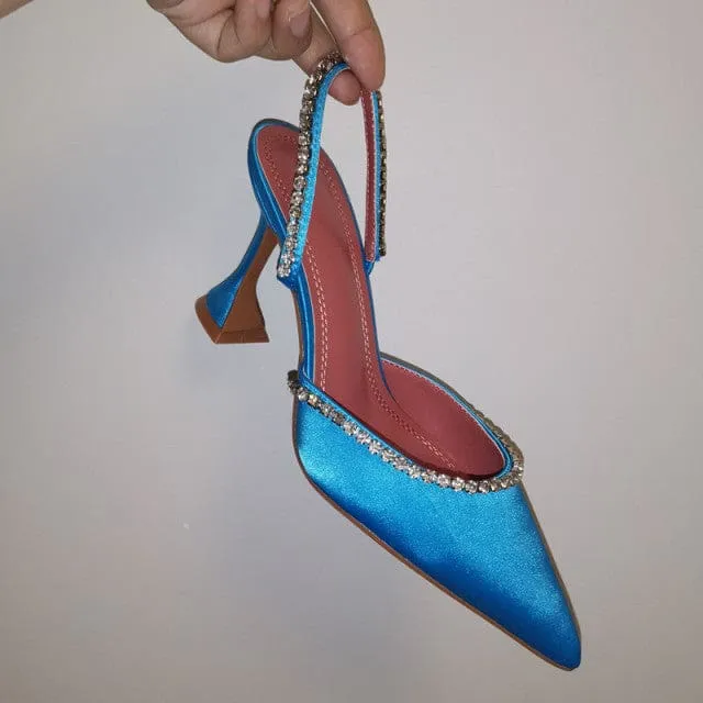 Elegant Pointed Toe Rhinestones Satin Party High Heels For Women
