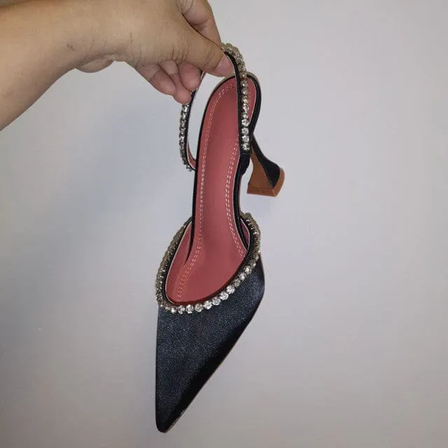 Elegant Pointed Toe Rhinestones Satin Party High Heels For Women
