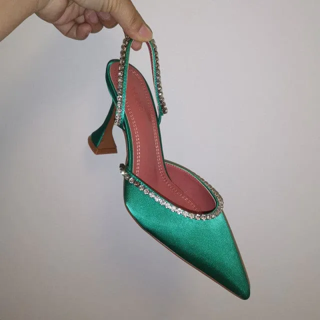 Elegant Pointed Toe Rhinestones Satin Party High Heels For Women